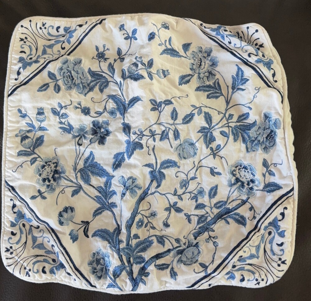 Laura Ashley 16 Square Pillow Cover "Charlotte" Blue Floral Embroidery Linen Cot